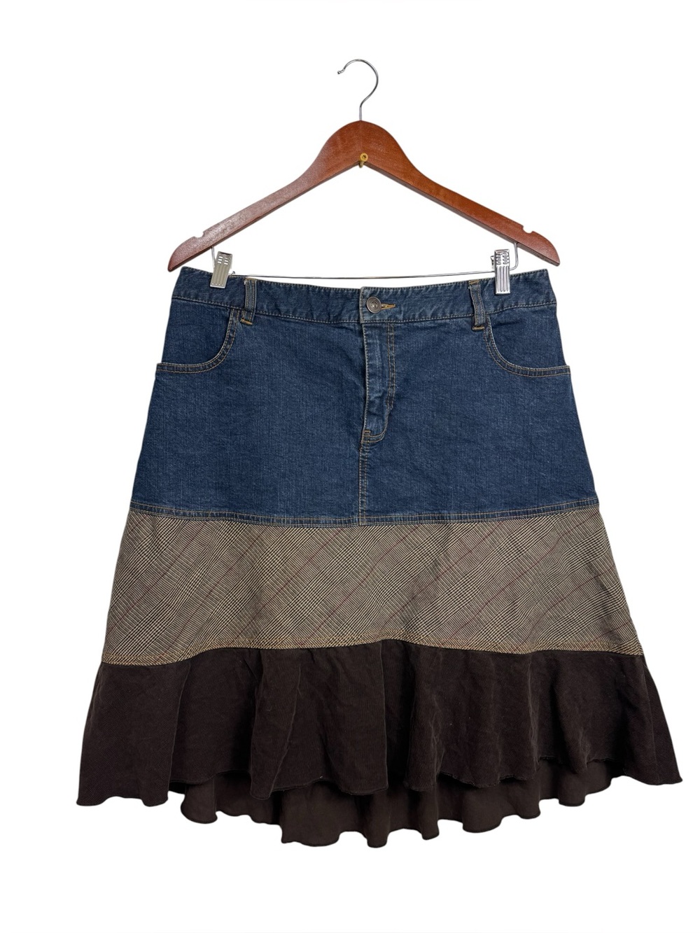Style & Co. Blue Denim Layered Skirt Brown Cow Girl Western‎